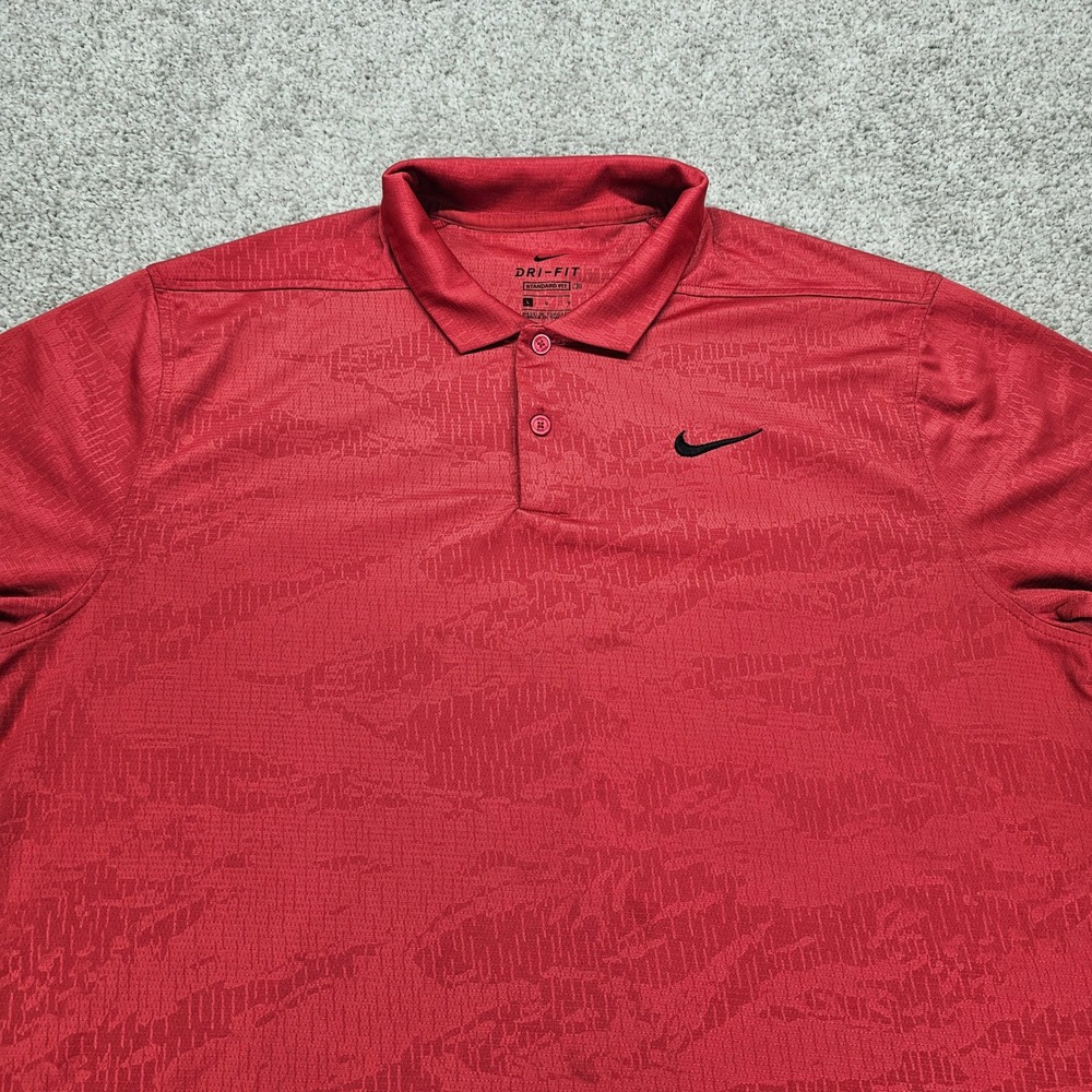 Nike Dri-FIT Men's Polo Shirt Red Pattern‎ Short Sleeve Golf Athletic Top